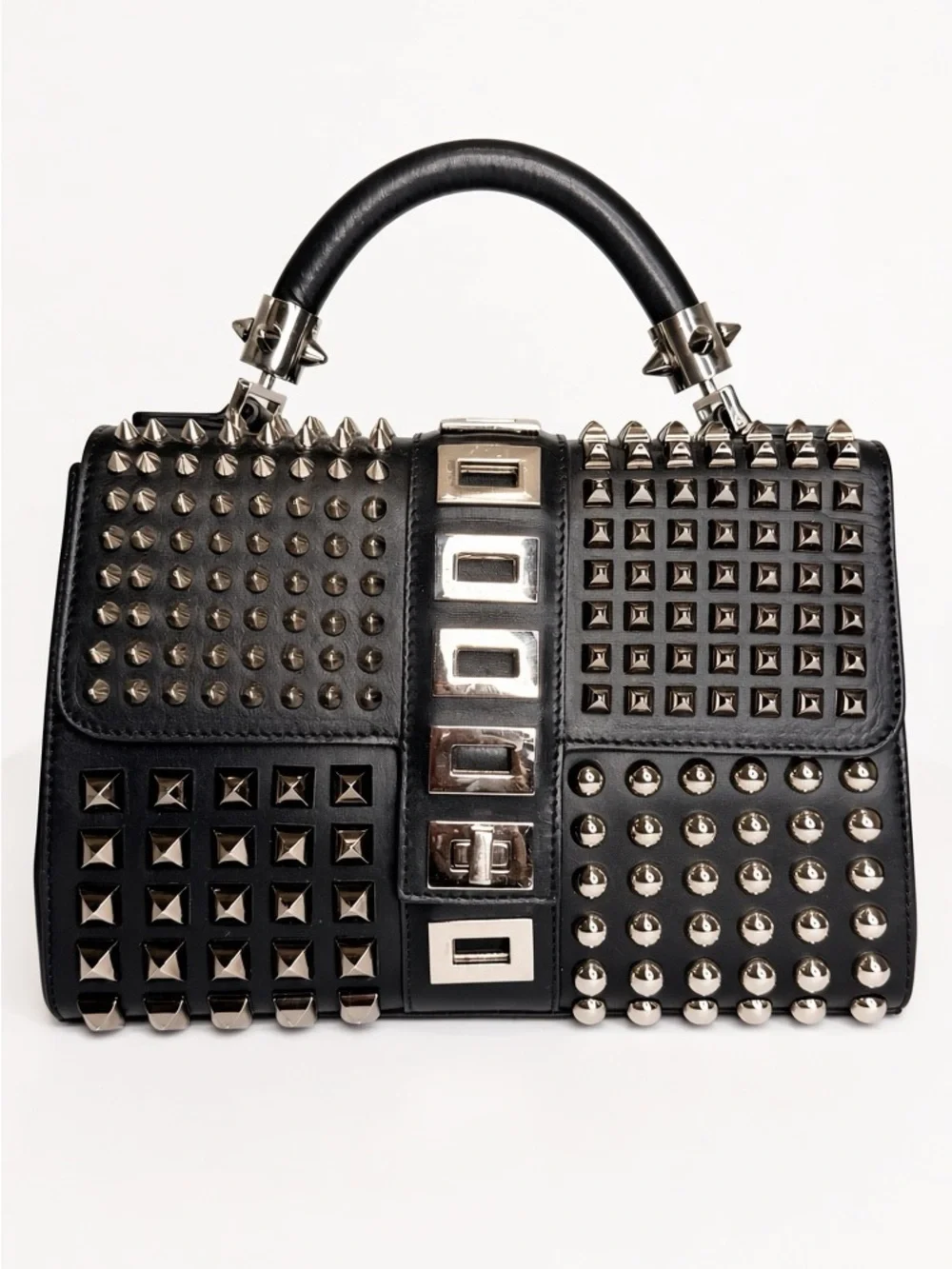 Philipp Plein Black Leather Studded Top-Handle Satchel